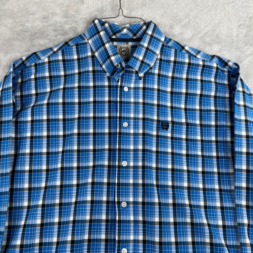 Cinch Plaid Button Down Shirt L Blue Men Western Cowboy Long Sleeve Cotton - Picture 2 of 7